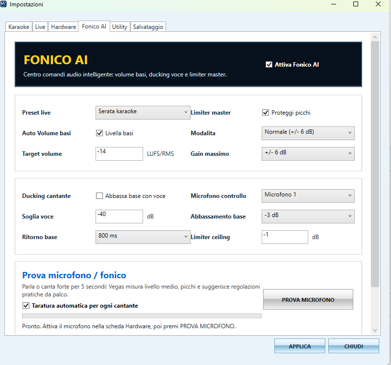 Schermata Fonico AI con Auto Volume basi ducking cantante e limiter master