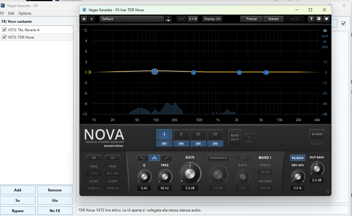 Plugin VST3 TDR Nova aperto come effetto live in Vegas Karaoke Player