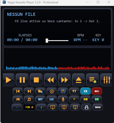 Vegas Karaoke Player Professional 2.3.4 schermata principale con FX Live Fonico AI Bruce IA database e multi monitor